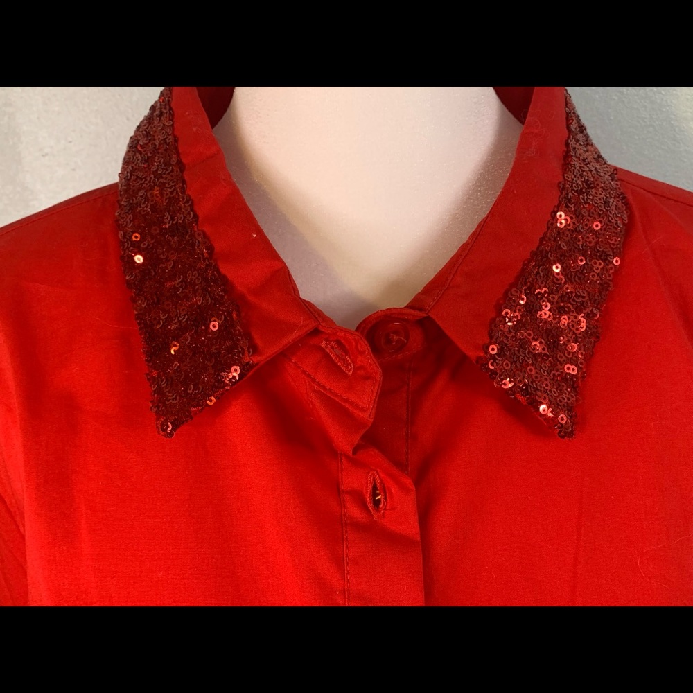 Red button down shirt. Sequin collar. Long sleeve.